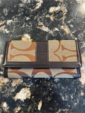 Coach Brown Signature Canvas Wallet with Dark Brown Leather Trim